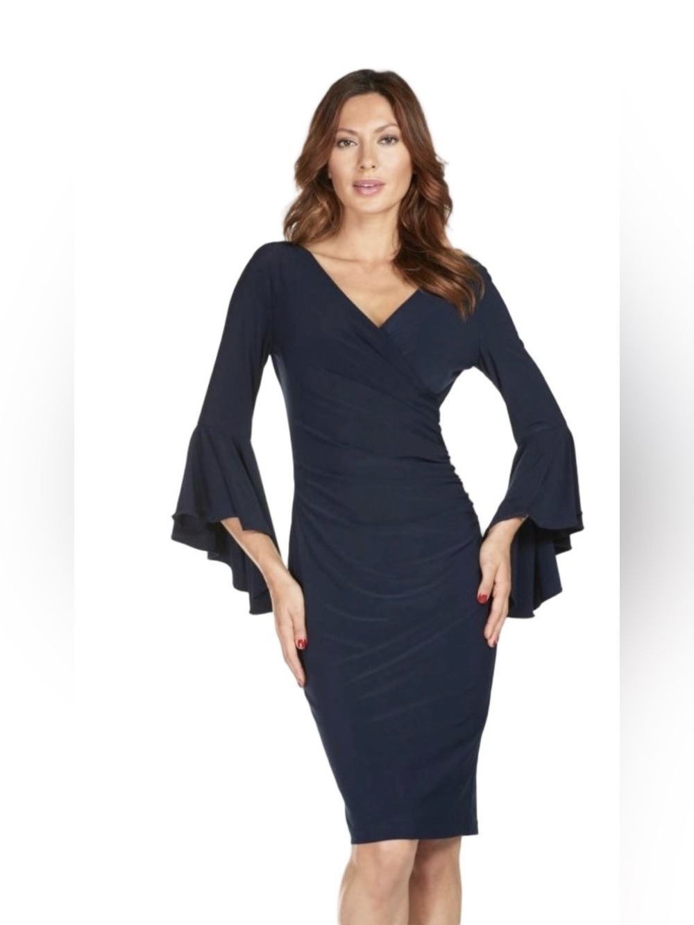 Frank Lyman Bell Sleeve Ruched Jersey Dress Navy 176026 Size 12 Lined